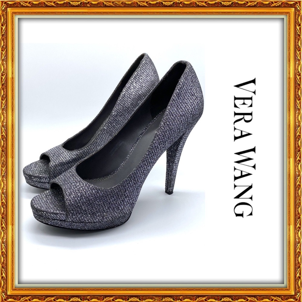 EUC | Vera Wang Selima Silver Glitter Peep Toe Leather Heels!!